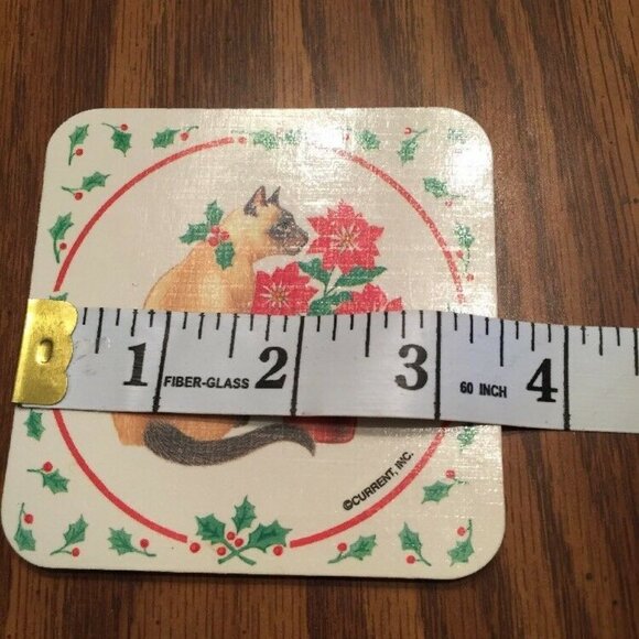 Vintage Christmas Coasters Siamese Cat Poinsettia Holly 6pc Cork Back Y2K Retro - Picture 6 of 8